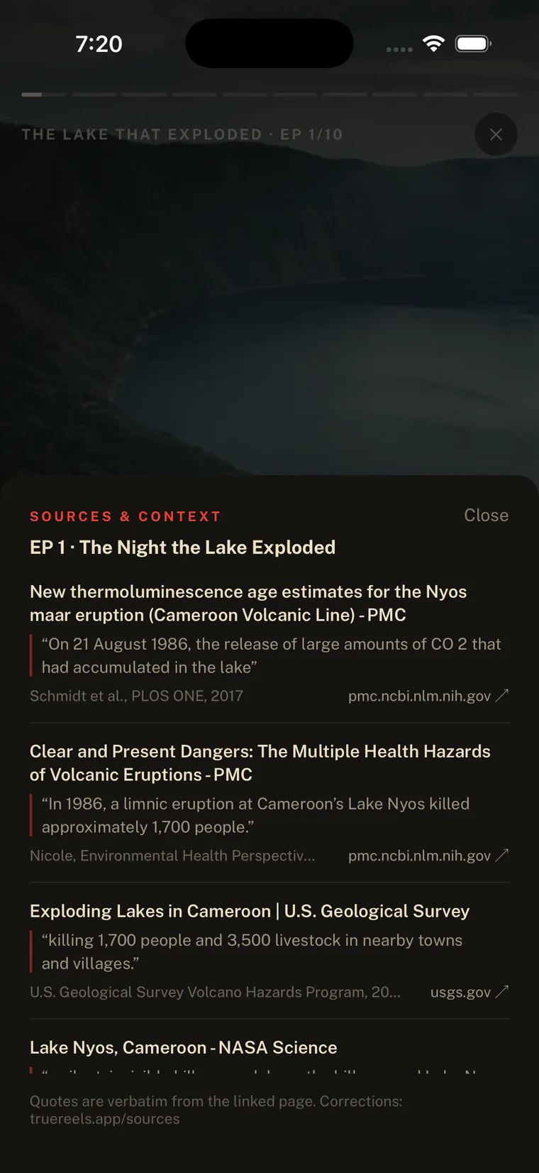 The Sources screen in the app, listing four sources for episode one with the exact quoted line and a link to each page.