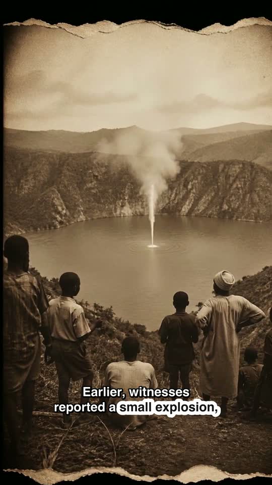 A crater lake at dawn with a column of water rising from its surface.